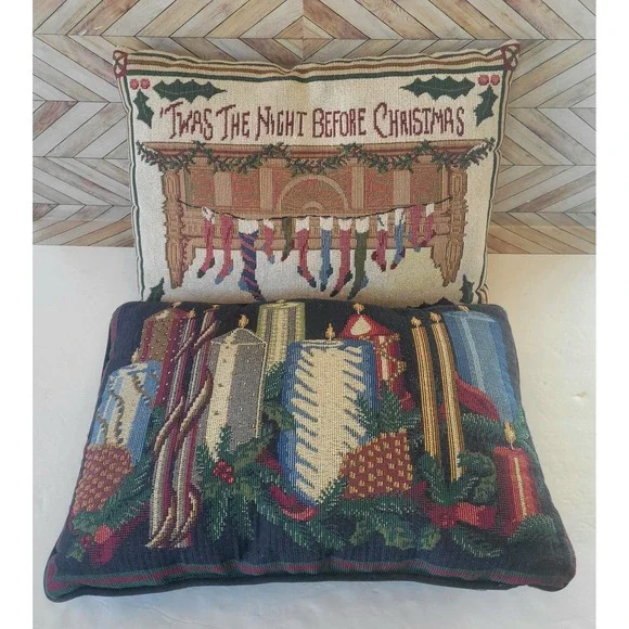 2 VTG Tapestry Throw Pillows Twas Night Before Christmas Candles Cushion Decor