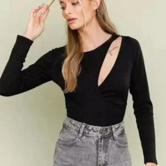 Anthropologie Le Lis Black Ribbed Long Sleeve Cutout Bodysuit - Size Small