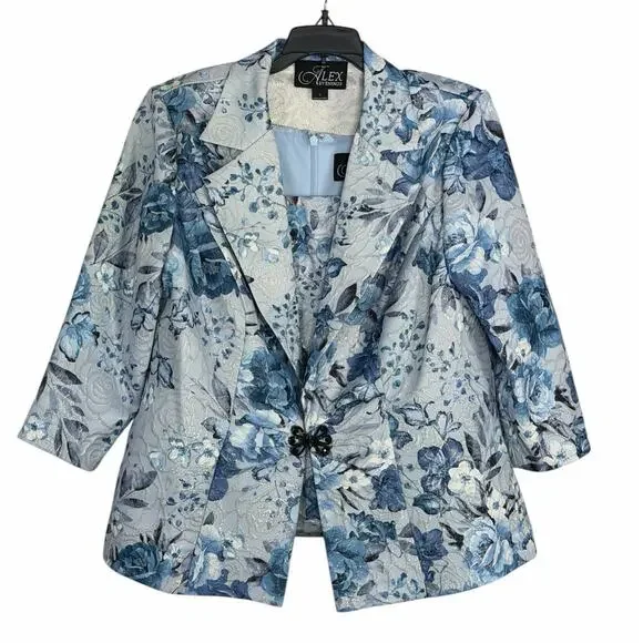 Alex Evenings Womens Formal Floral Printed Camisole & Matching Jacket Blue Large