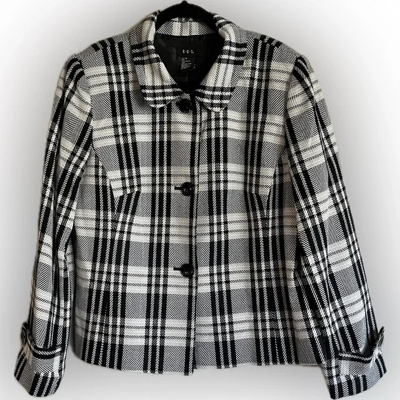 Vintage 90’s R.Q.T. Button Front Jacket Black & White Plaid Lined Collar Size 18