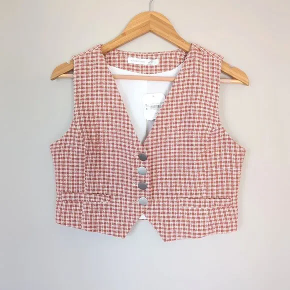 Altar'd State NWT Check Plaid Micro Vest Rust Button Front Large Preppy Menswear