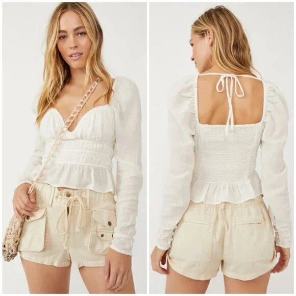 💕FREE PEOPLE💕 Chloe Top Cotton Sweetheart Neckline ~ White Medium  NWOT