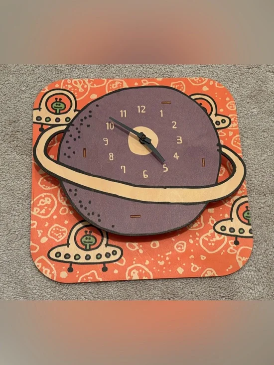 Modern Moose Kids Space Themed Wall Clock Aliens 3-D Wooden USA Made