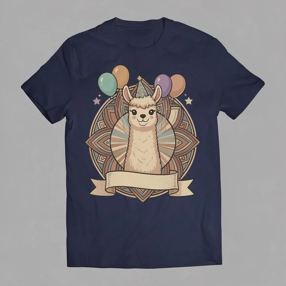 Gildan Navy Tee with Cream Llama and Pastel Balloons