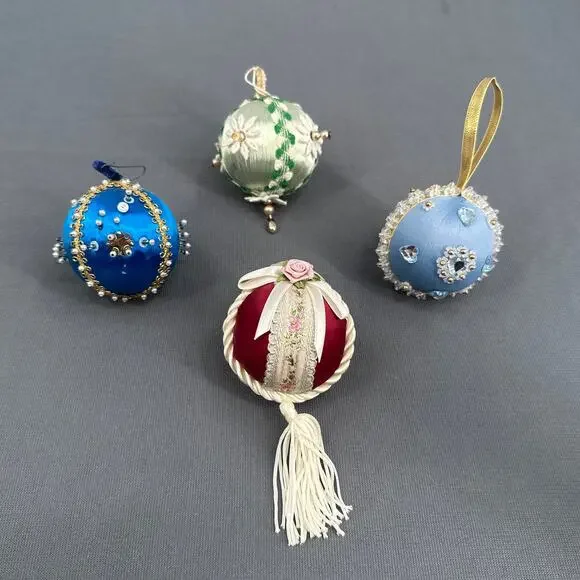 4 VTG Handmade Push Pin Satin Ball Ornament Bead Sequin Christmas ribbon Kitschy