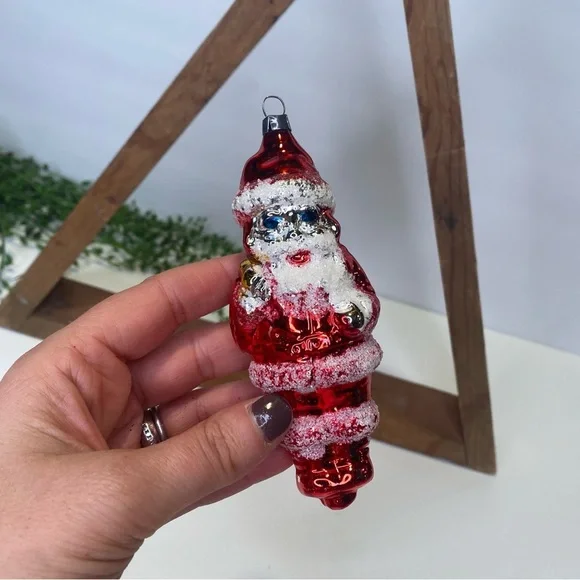 Vintage West Germany Santa Blown Glass Ornament Glitter Blue Eyes