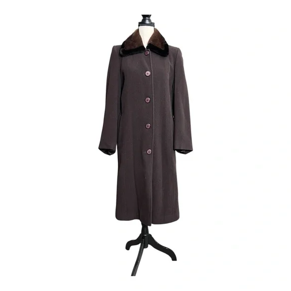 Vintage Elegant Brown Wool/Cashmere Coat With Luxurious Mahogany Mink Fur Collar