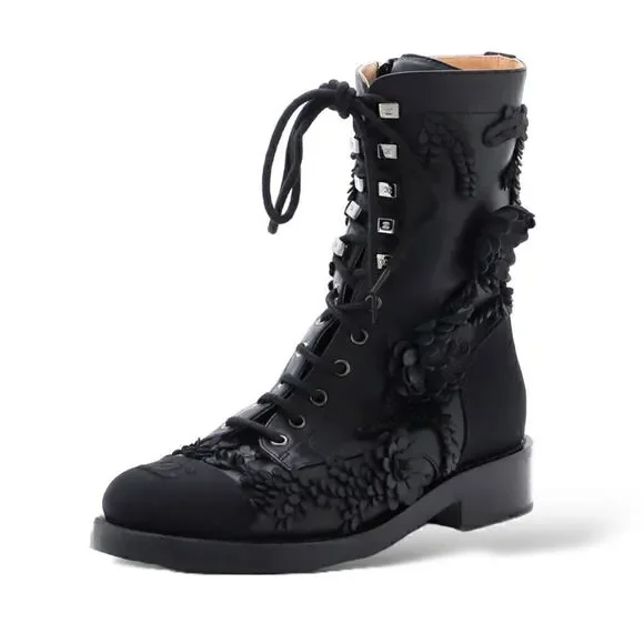 CHANEL Camellia CC Cap Toe Combat Boots & Leather Embellishments | US8 | IT38 |