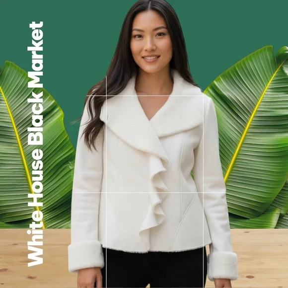 White House Black Market Ruffle Jacket Ivory Faux Fur Faux Suede Coat Sz M NWOT