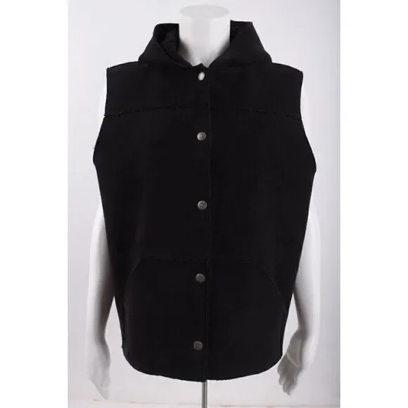 Lauren Ralph Lauren Womens Black Vest US Large L Hooded Button Up Sleeveless