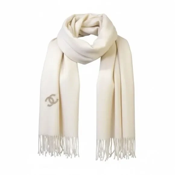 Auth Chanel 100% Creamy White Cashmere CC Gold Sequins Stole Scarf Muffler Wrap