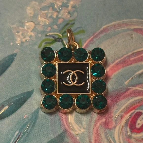 Chanel Gold and Teal Square logo Charm