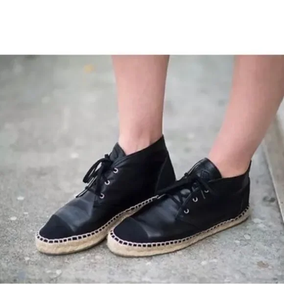 Chanel Black Leather Espadrilles High Top Sneakers CC‎