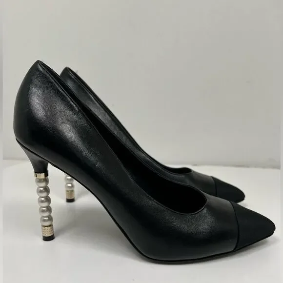 CHANEL Lambskin Grosgrain Cap Toe Pearl Pumps 39.5 Black