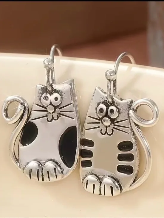 Silver-tone Black Accent Cat Dangle Earrings - Cute Cat Design