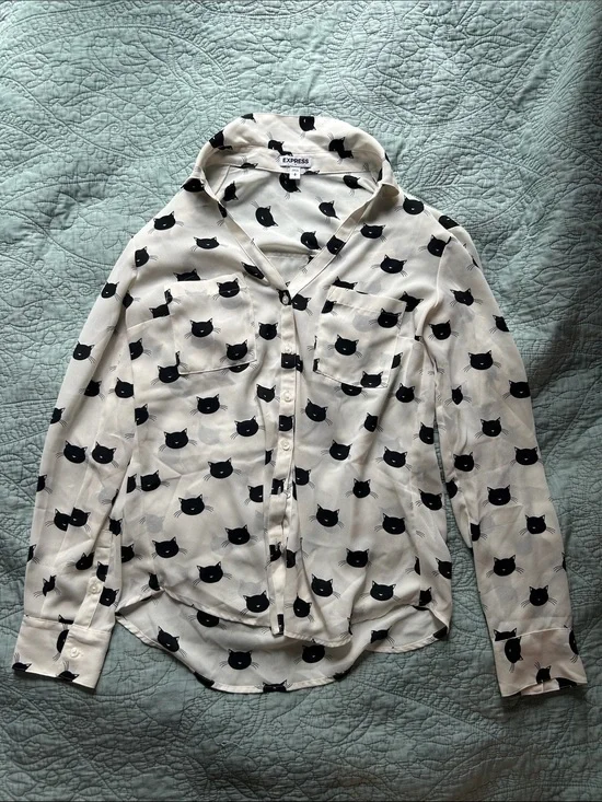 Express Cream Blouse with Black Cat Silhouette Print S