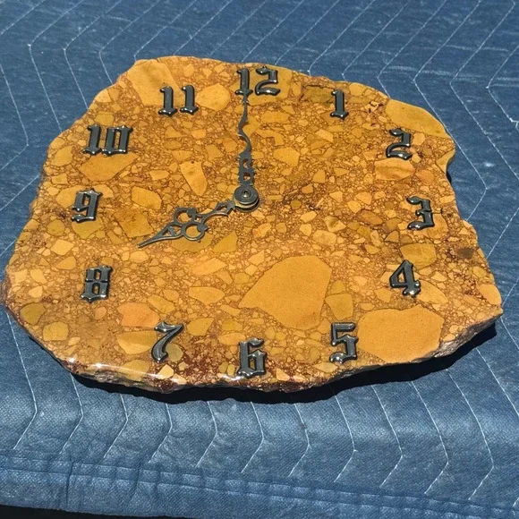 Vintage Natural Stone Slab Wall Clock Jasper Breccia Gothic Numerals 1990s Art