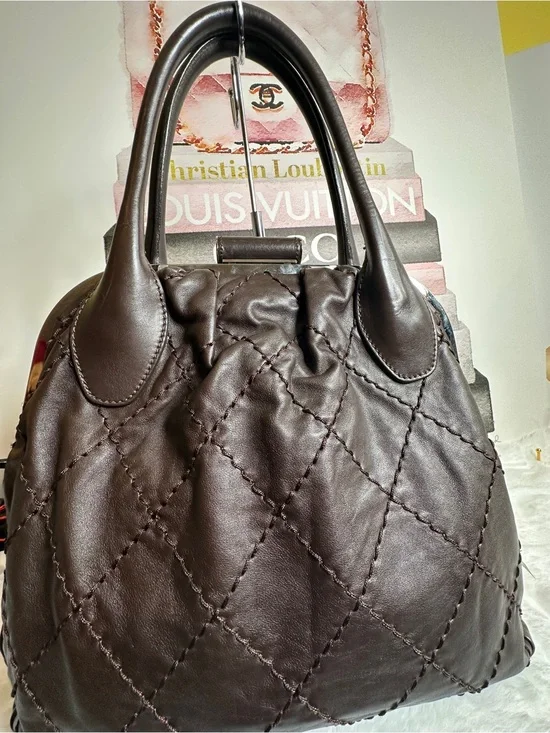 CHANEL CC SHW Handbag Calfskin Leather Brown