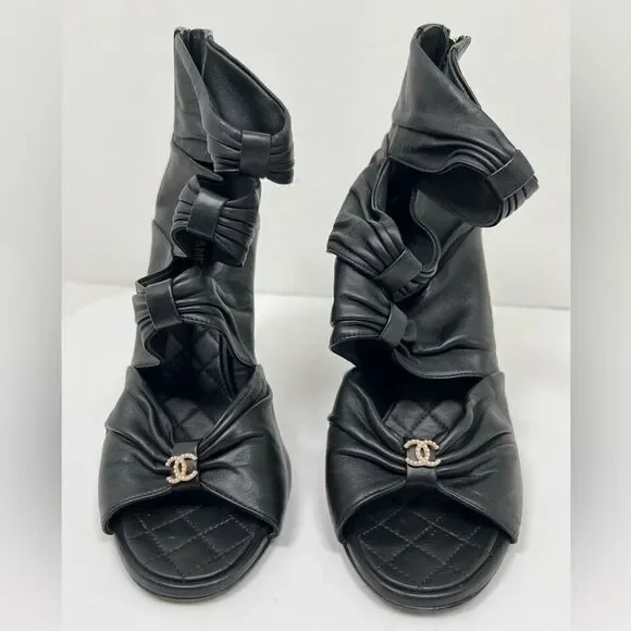 Chanel Ruched Open Toe Leather Camellia Booties Black