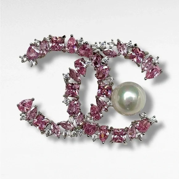 CHANEL Pink Crystal Pearl CC Logo Brooch in Silver Tone