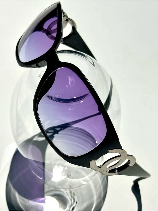 Vintage CHANEL Silver CC Logo Black Sunglasses with Purple Gradient Lenses, Box