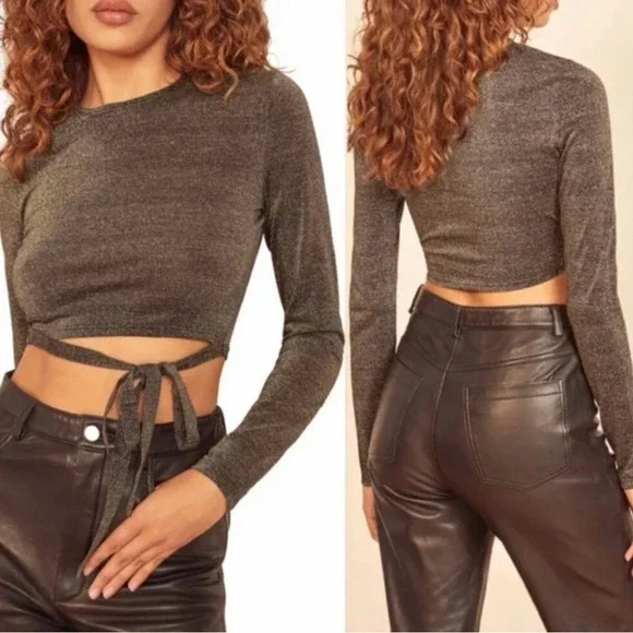 Reformation Jupiter Top Black Sparkle Long Sleeve Crop Tie Front Size‎ Medium