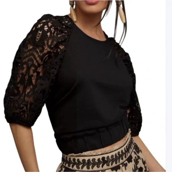 Anthropologie Dolan Black Lace balloon Sleeve Blouse L
