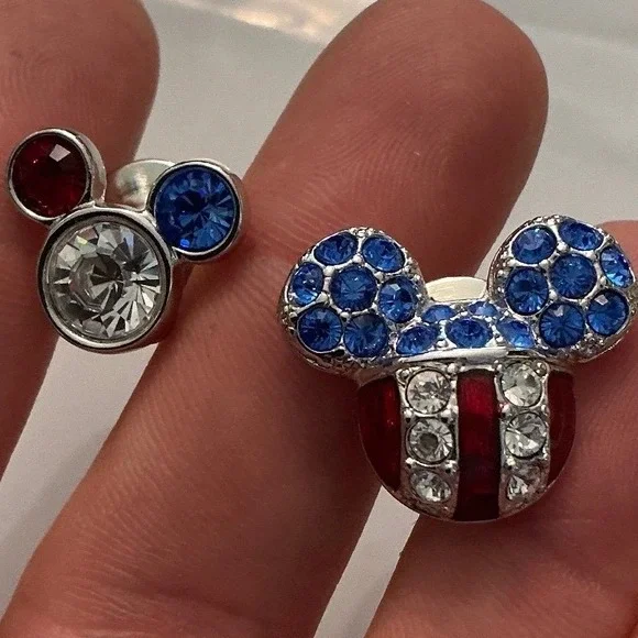 Disney Mickey Mouse Patriotic flag USA Swarovski swan crystal tie tack set of 2
