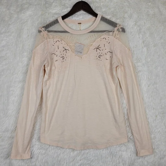 NWT Free People Sz S Pink Embellished Mischa Lace Mesh Top Coquette Beaded