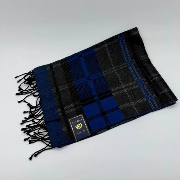 Club Room Mens 100% Silk Plaid Scarf Blue Grey Black Fringe 4103NVY469‎ NWT