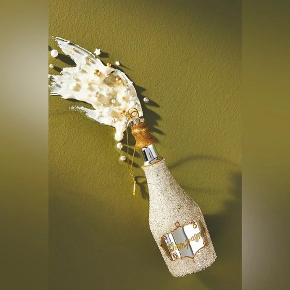 Anthropologie Beaded Gold Champagne Bottle Glass Ornament NWT