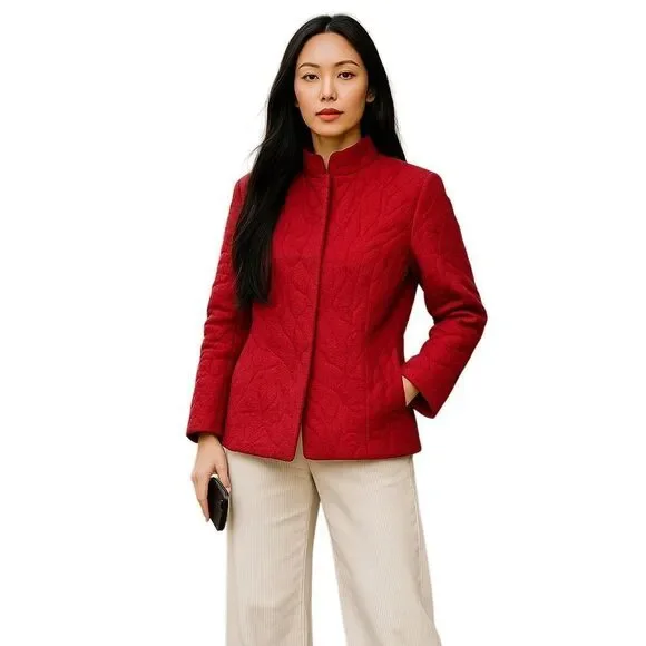 Vintage J Jill Red Silk Jacket Mandarin Collar Size Medium