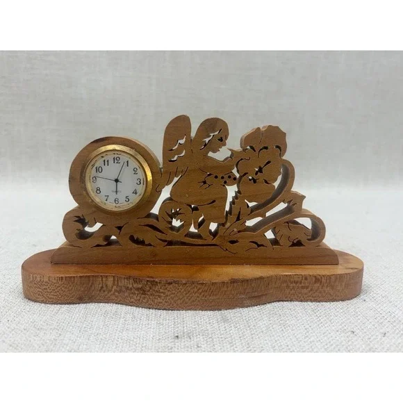 Vintage Hand Carved Wood Angel Desk Clock Quartz Floral Scrollwork Decor