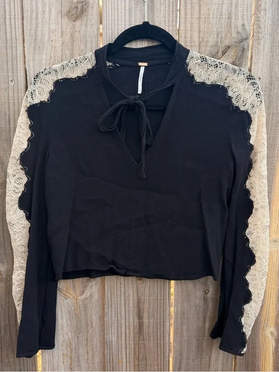 Free People Freya lace arm XS rayon tie neck V-Neck black long sleeve shirt