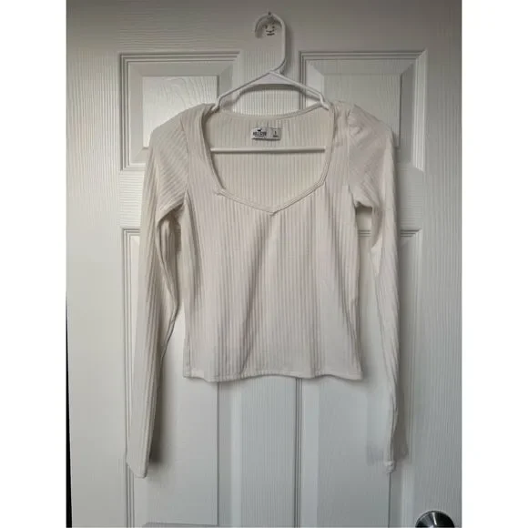 Hollister Long Sleeve Square Neck Blouse Women's Small White Ribbed Basic