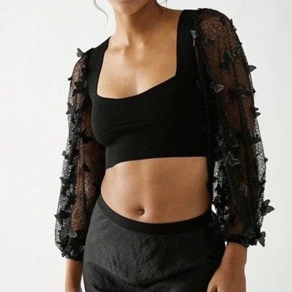 Free People Intimately Fly Away With Me Butterfly Sleeve Crop Top Black NWT M