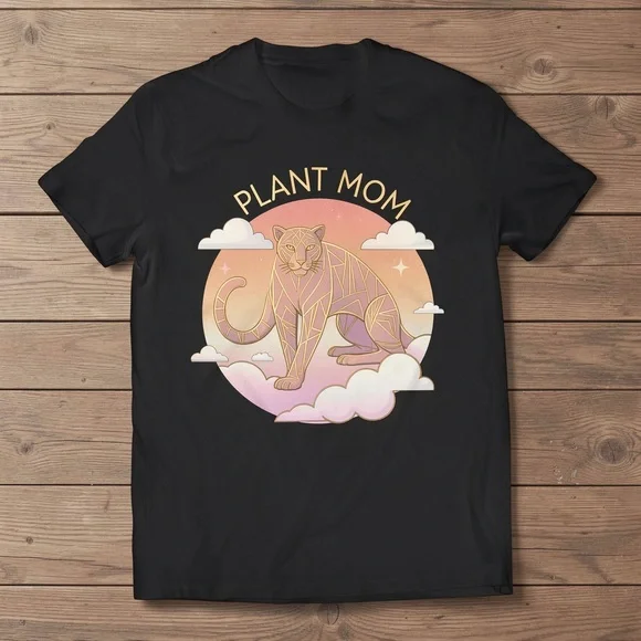 Plant Mom Cat Graphic Tee - Black with Pink & Cream Artwork