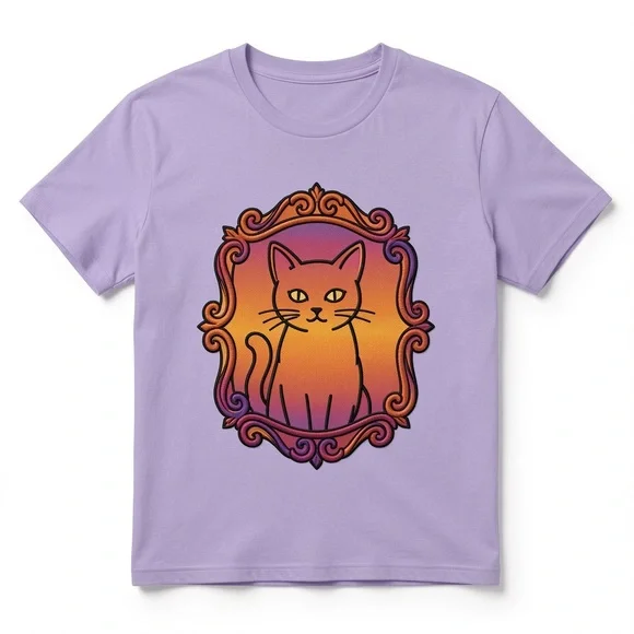 Gildan Lavender Tee with Orange-Pink Sunset Cat Graphic