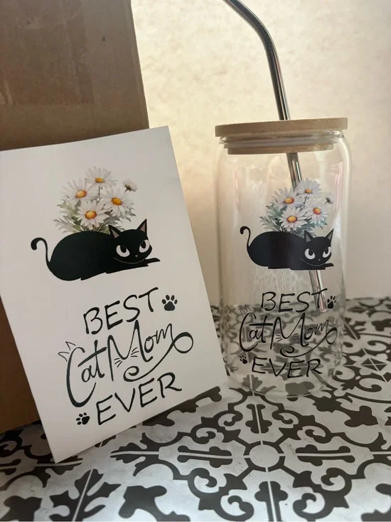 Best Cat Mom Ever Glass Tumbler - Clear with Black Cat Design
