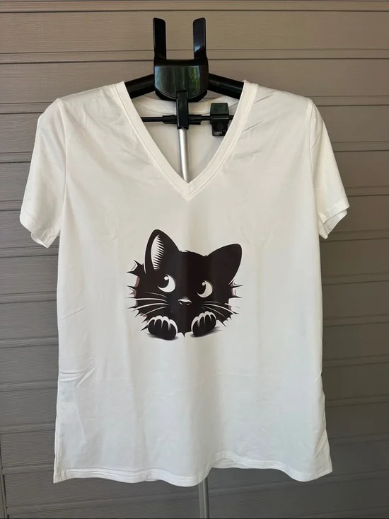 White Cat Graphic V-Neck T-Shirt for Cat Lovers