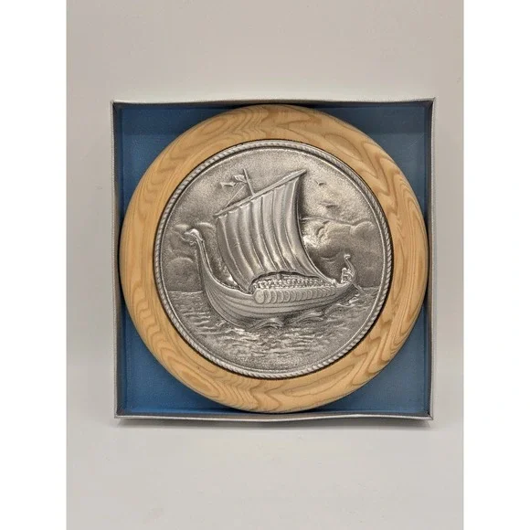 Vintage Norway Pewter Viking Ship Plate Wood Wall Plaque Norse‎ Decor