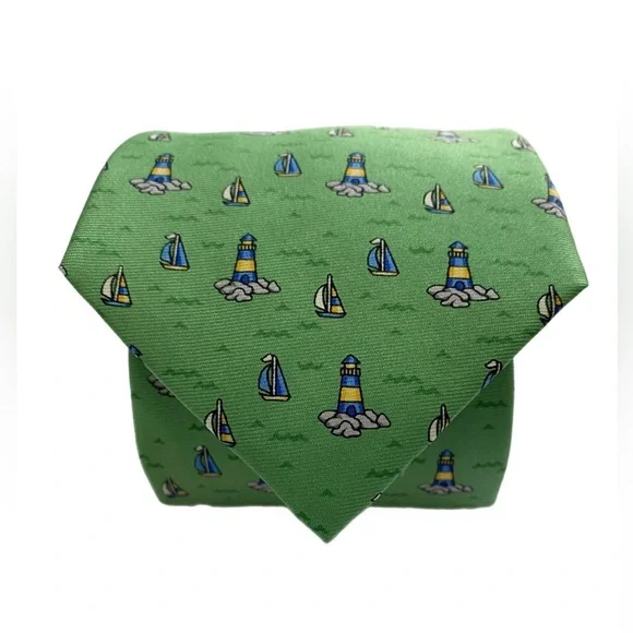 Haspel Silk Tie Green Nautical Tipped Bar Tac Keeper Loop 60”x3.25” 80s to 90s