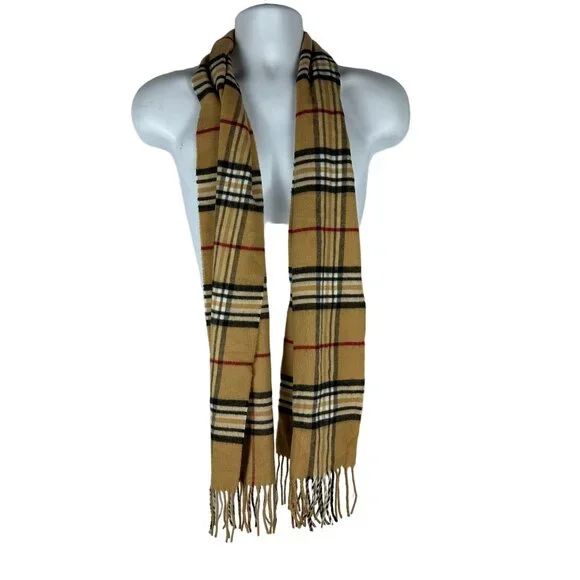 Preston & York Mens Vintage Plaid Scarf Tan Black Red Fringe 100% Acrylic