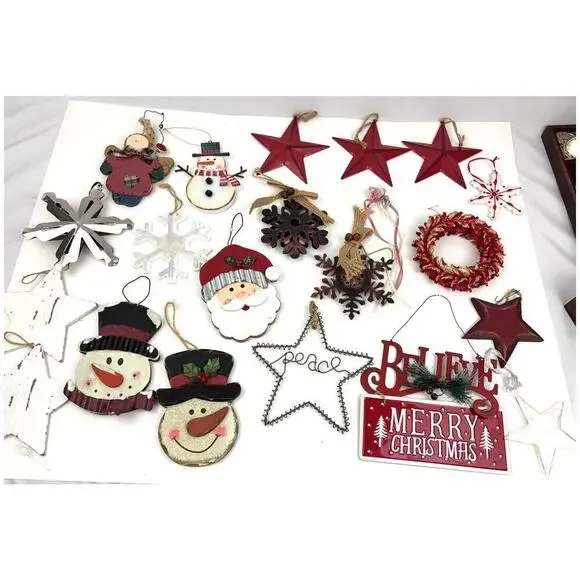 Lot of 22 Holiday Ornaments Christmas Stars Wooden Santa Metal Bundle‎