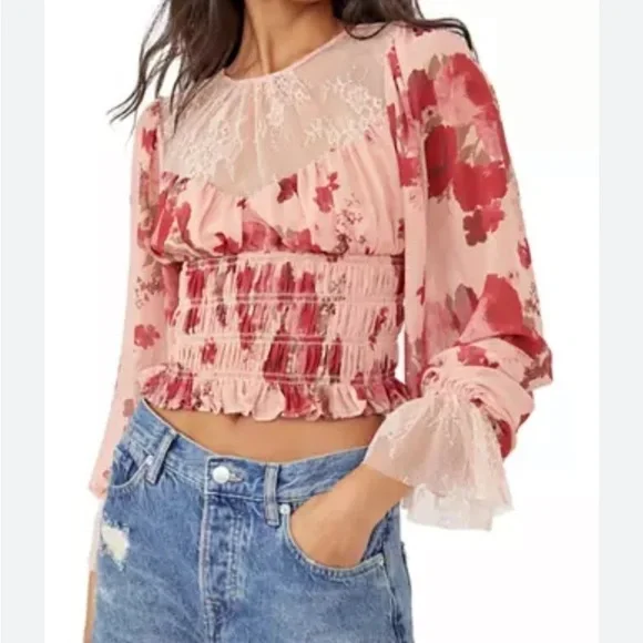 NWT Free People Daphne Floral lace long sleeve blouse feminine croquette boho