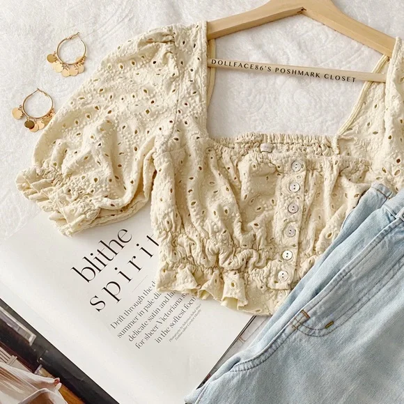 UO Tan Button Down Eyelet Crop Top