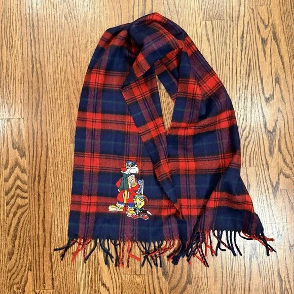 Vintage‎ Acme Clothing Looney Tunes Sylvester Tweety Plaid Scarf OS Red Blue