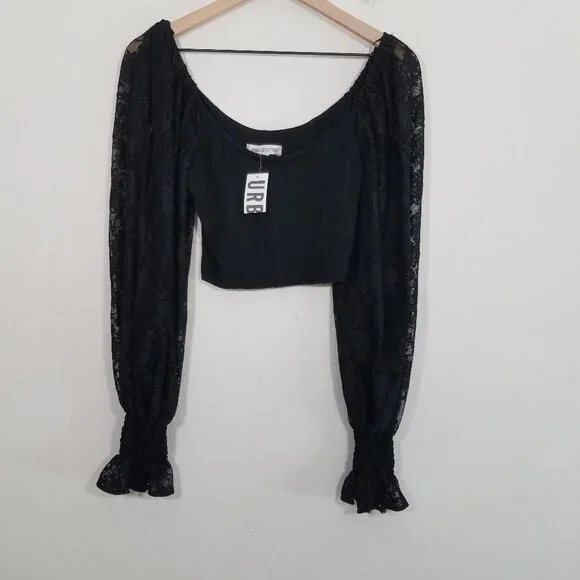 NWT Urban Outfitters Off the Shoulder Lace Long Sleeves Crop Blouse Top Black M
