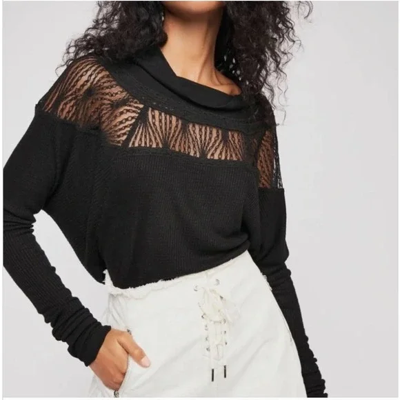 Free People Spring Valley Lace Trim Black Thermal Knit Top Size Small