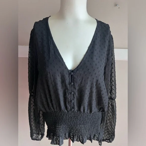 Ya Los Angeles Black Sheer Blouse with Textured Dots